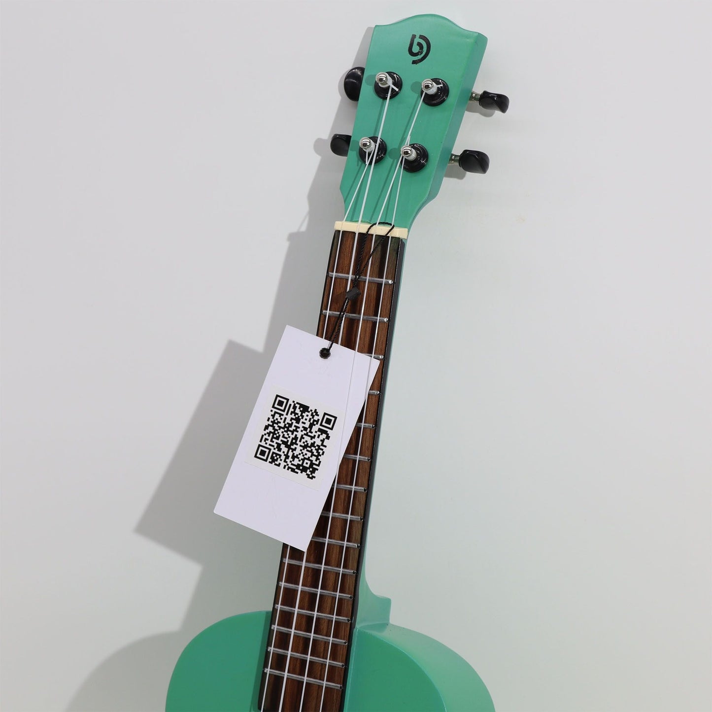 Artisan Made Ukulele – Blue Sunburst Finish (4 String) headstock and tuning pegs with fretboard close-up