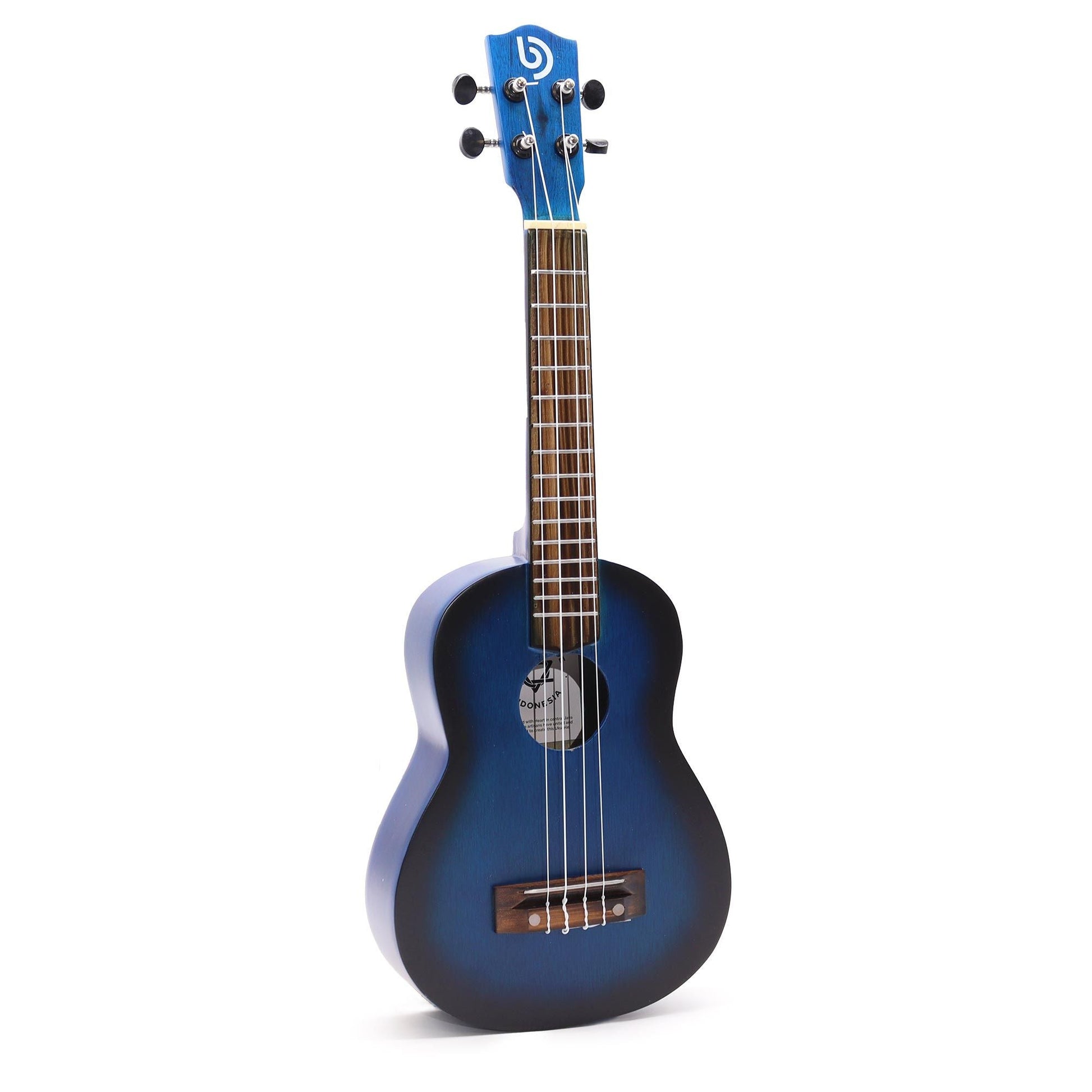 Artisan Made Ukulele – Blue Sunburst Finish (4 String) handcrafted 4-string ukulele with glossy blue sunburst body and wooden fretboard