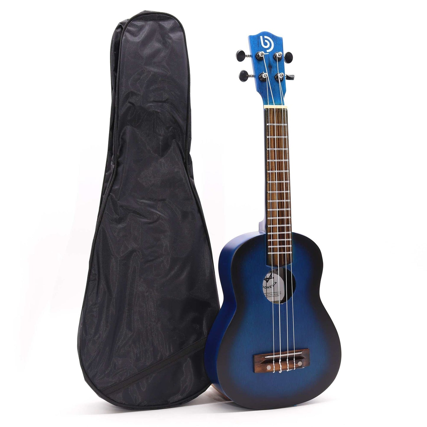 Alt Tag: Artisan Made Ukulele – Blue Sunburst Finish (4 String) with gig bag, blue sunburst 4-string ukulele front view