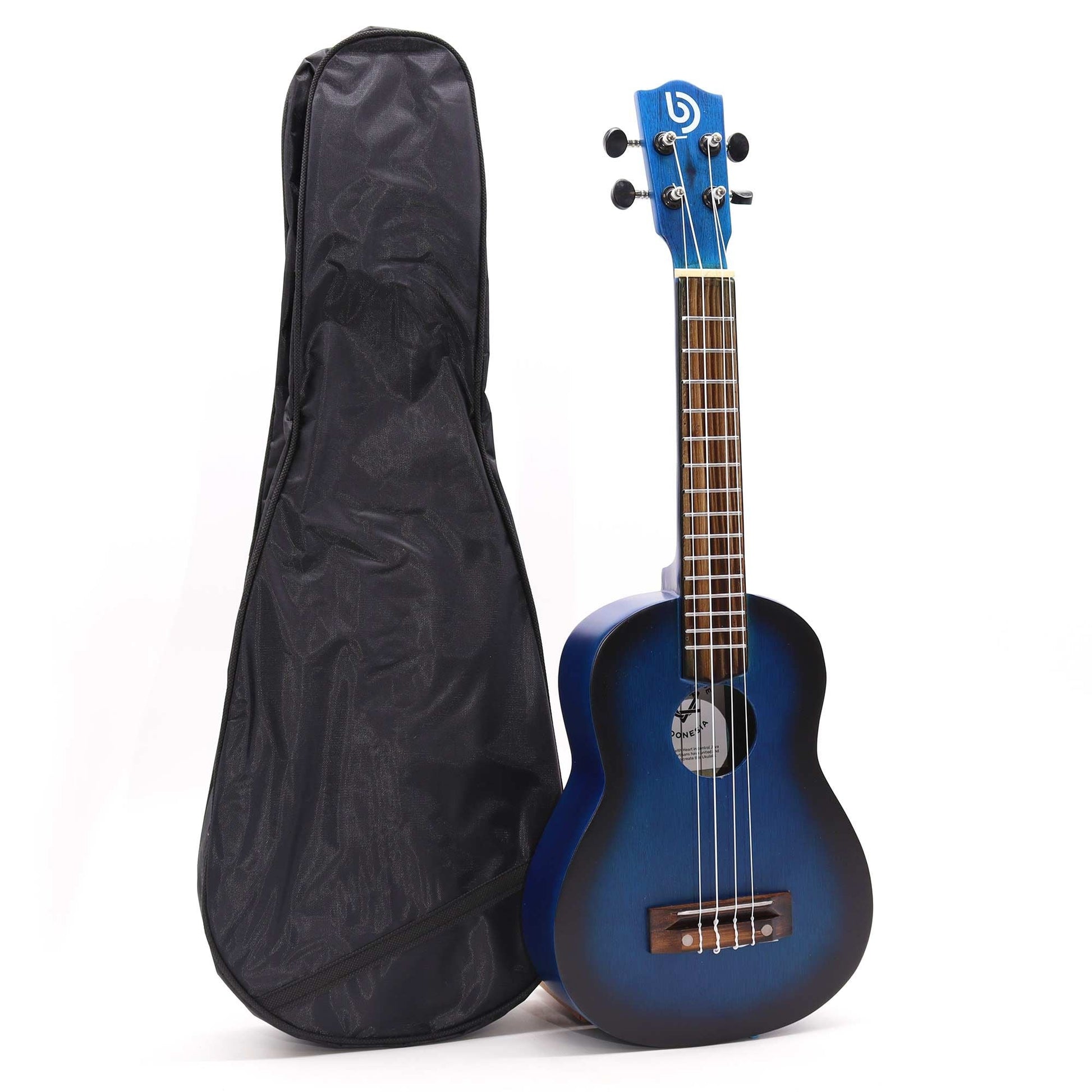 Alt Tag: Artisan Made Ukulele – Blue Sunburst Finish (4 String) with gig bag, blue sunburst 4-string ukulele front view