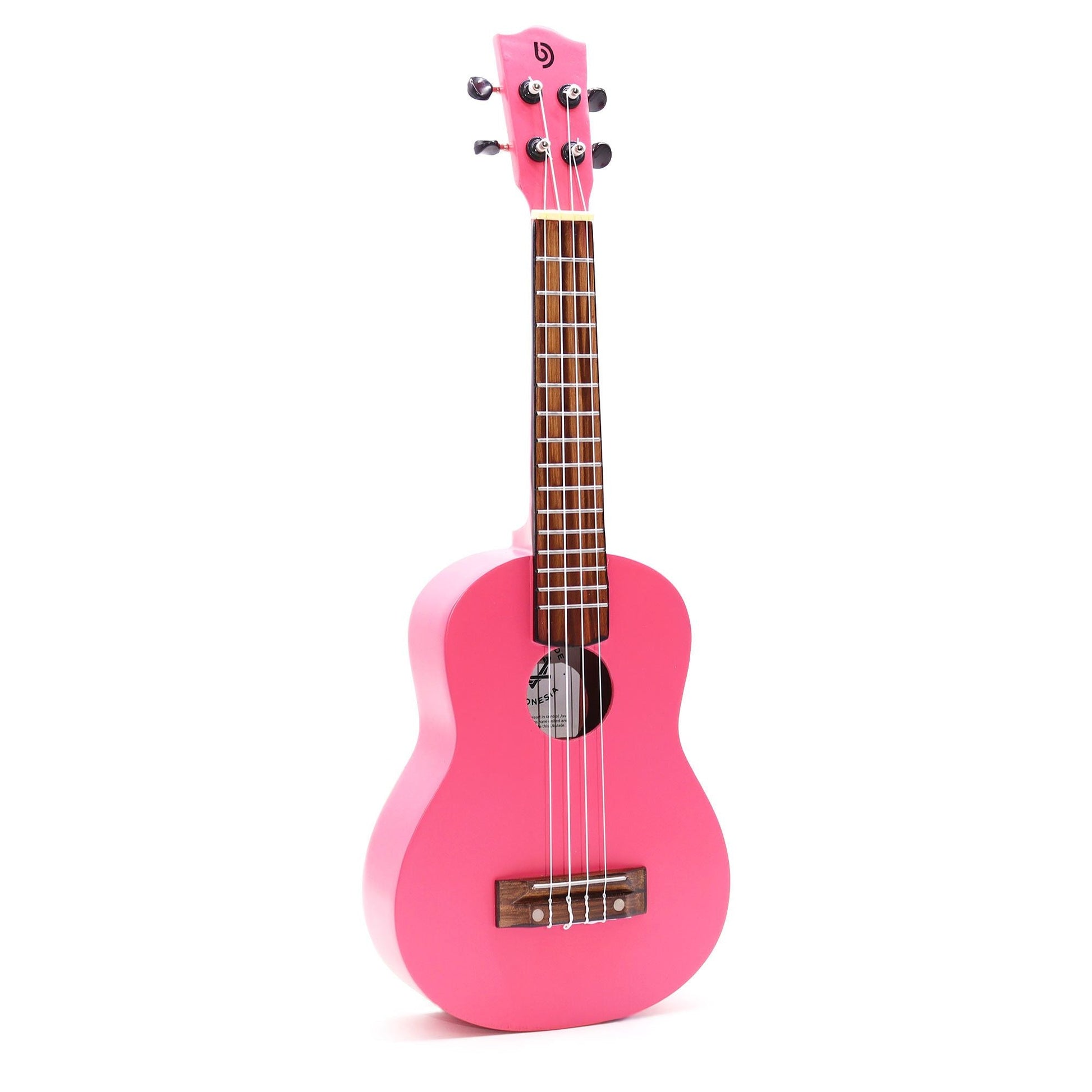 Alt Tag: Artisan Made Ukulele - Bright Pink Finish (4 String) 4-string ukulele with glossy bright pink body, wooden fretboard and tuning pegs