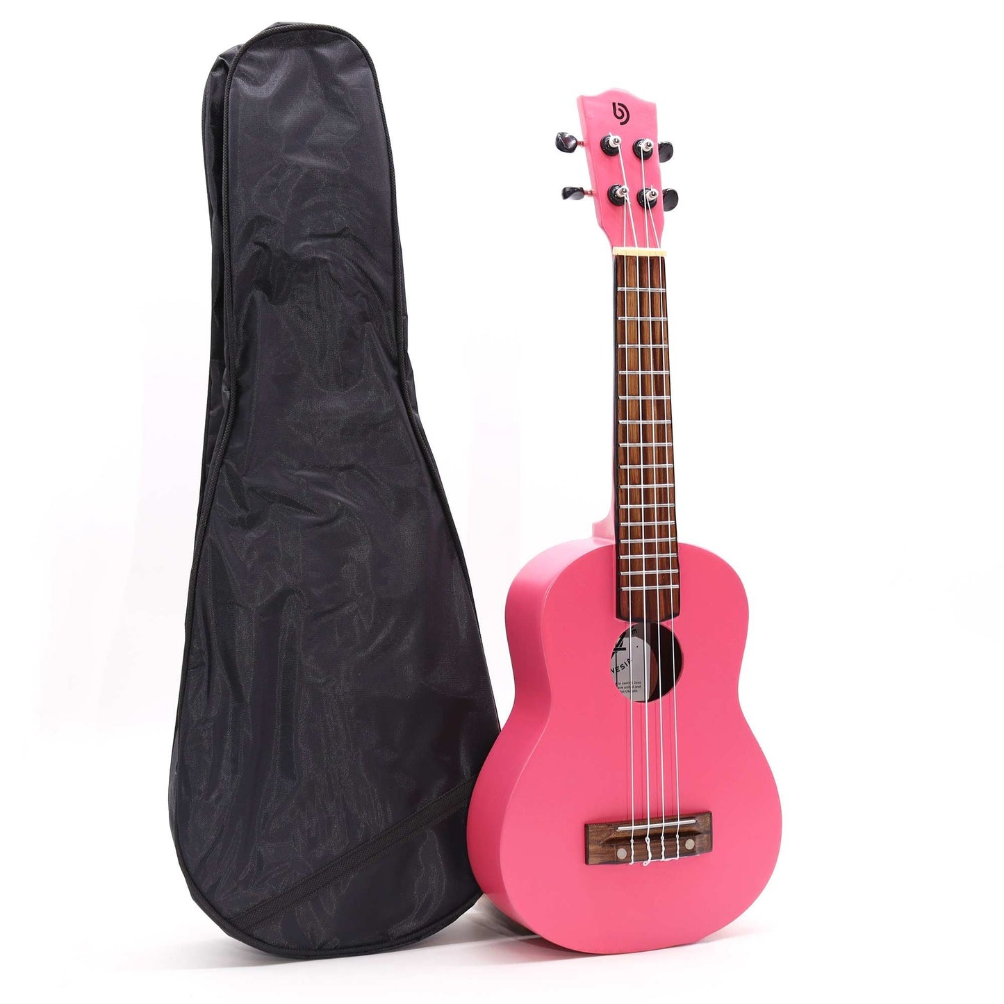 Artisan Made Ukulele - Bright Pink Finish (4 String) with black gig bag, glossy pink body and four strings