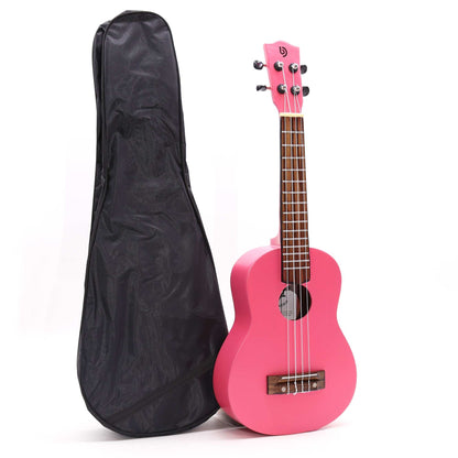 Artisan Made Ukulele - Bright Pink Finish (4 String) with black gig bag, glossy pink body and four strings