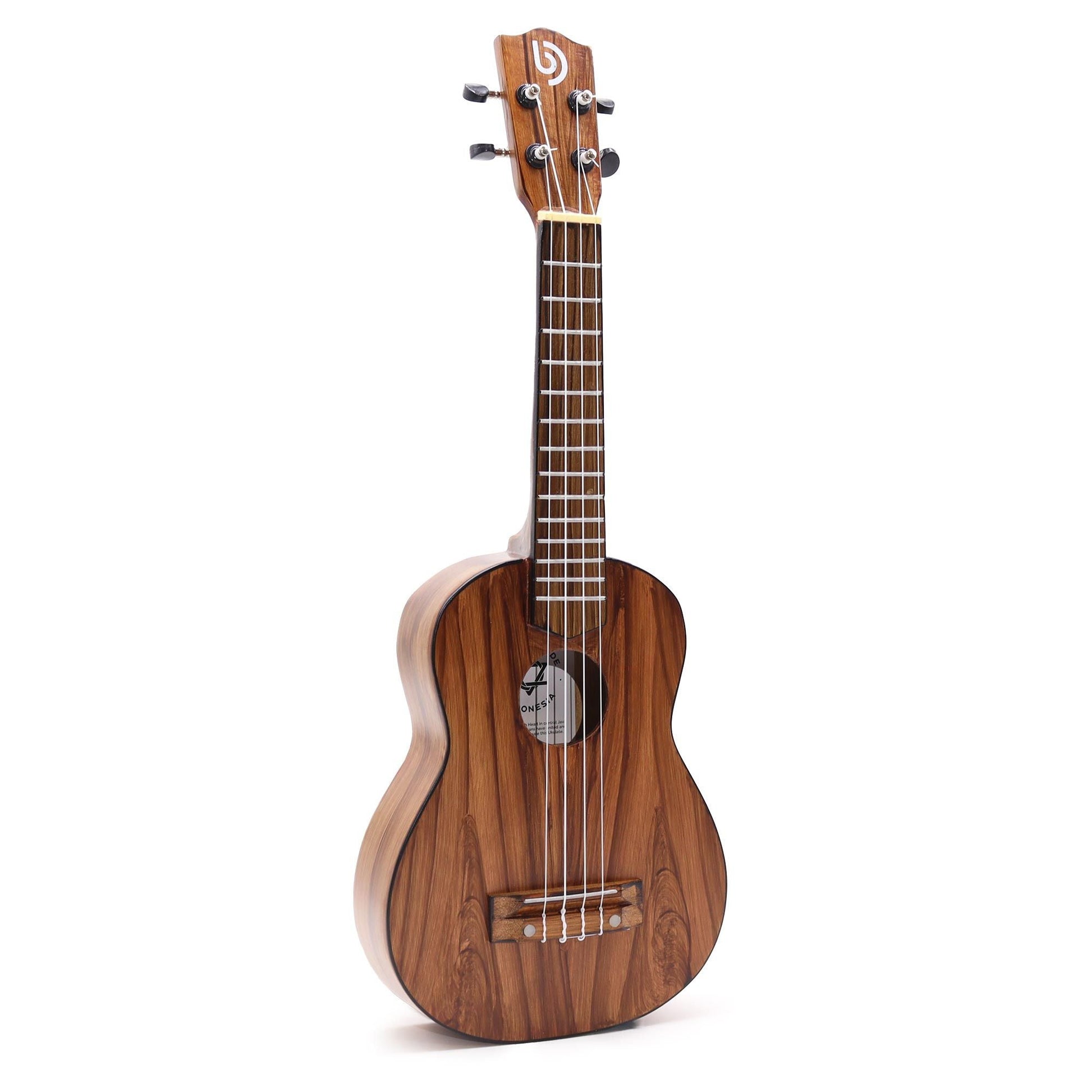 Alt Tag: Hantverksbyggd ukulele – Klassisk naturlig finish (4 strängar), framsida av 4-strängad ukulele i naturligt trä med stämskruvar och greppbräda