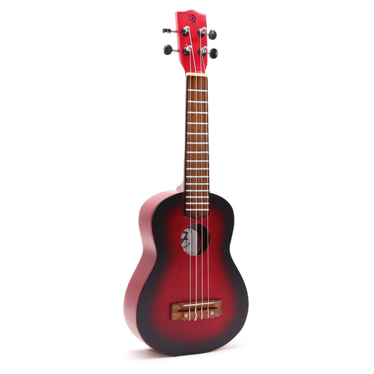 Alt Tag: Artisan Made Ukulele – Natural Sunburst Finish (4 String), 4-string ukulele with red sunburst body, wooden bridge and fretted neck