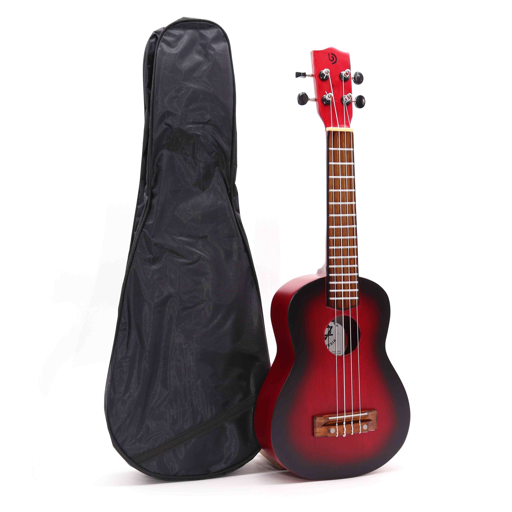 Artisan Made Ukulele – Natural Sunburst Finish (4 String) with red sunburst body and black gig bag on white background