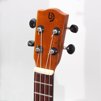 Alt Tag: Artisan Made Ukulele – Orange Sunburst Finish (4 String) headstock close-up with tuning pegs and strings
