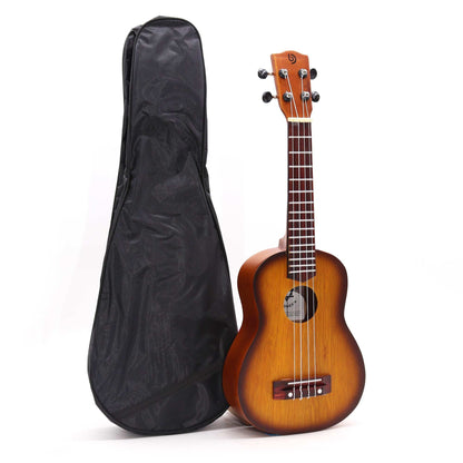 Alt Tag: Artisan Made Ukulele – Orange Sunburst Finish (4 String) 4-string ukulele with orange sunburst body and black gig bag on white background