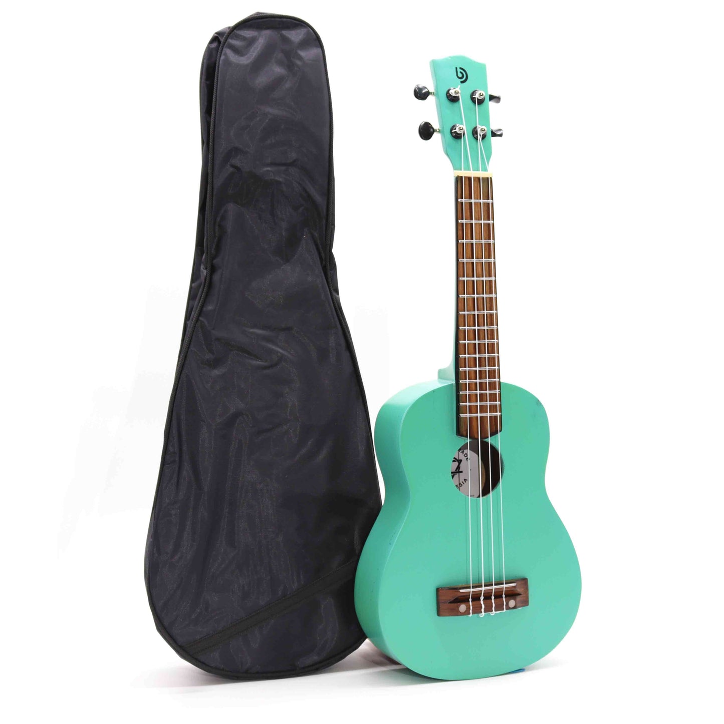 Artisan Made Ukulele – Turquoise Finish (4 String) con estuche blando negro, vista frontal, acabado turquesa brillante