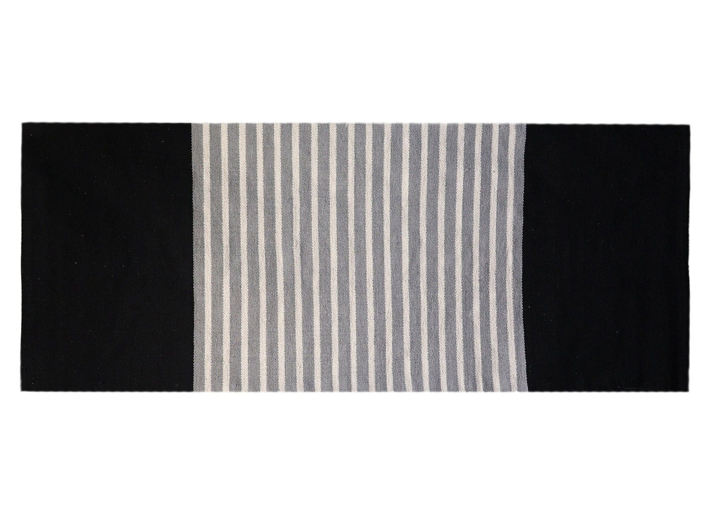 Handvävd bomullsmatta i hantverksstil – 70x172 CM Svart/Grå, svart och grå handvävd bomullsmatta med randig mittpanel