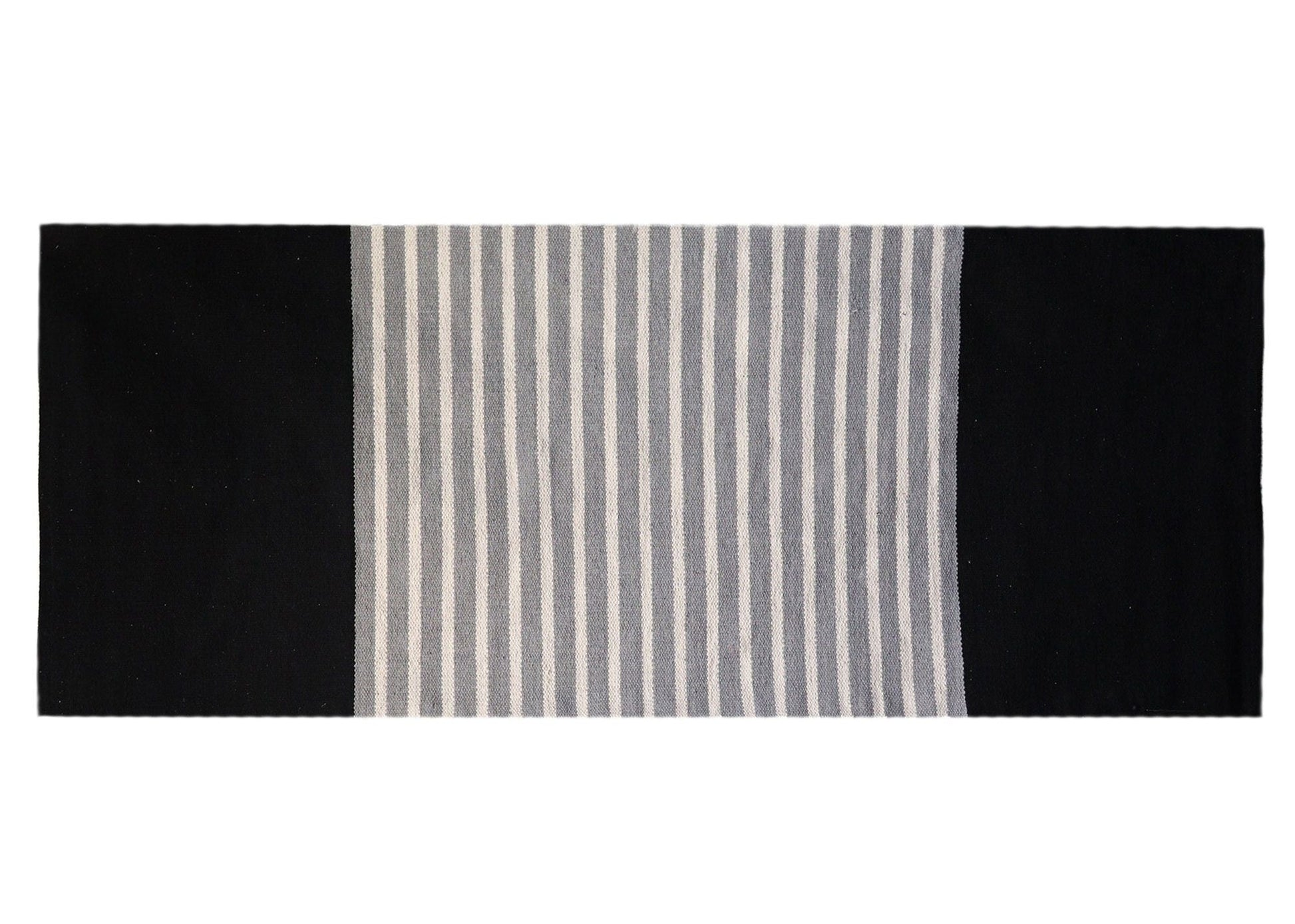 Handvävd bomullsmatta i hantverksstil – 70x172 CM Svart/Grå, svart och grå handvävd bomullsmatta med randig mittpanel
