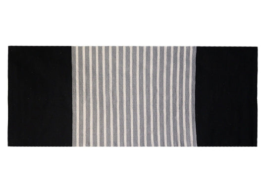 Artisan Woven Cotton Rug – 70x172 CM Black/Grey, black and grey woven cotton rug with striped center panel
