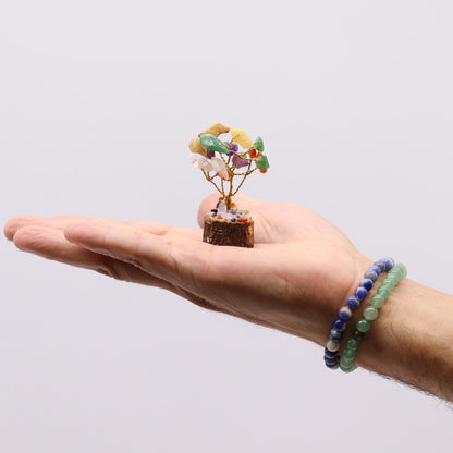 Alt Tag: Assorted Mini Gemstone Trees – Wood Base, 15 Stones mini gemstone tree on wood base held in hand, 15 chipstones