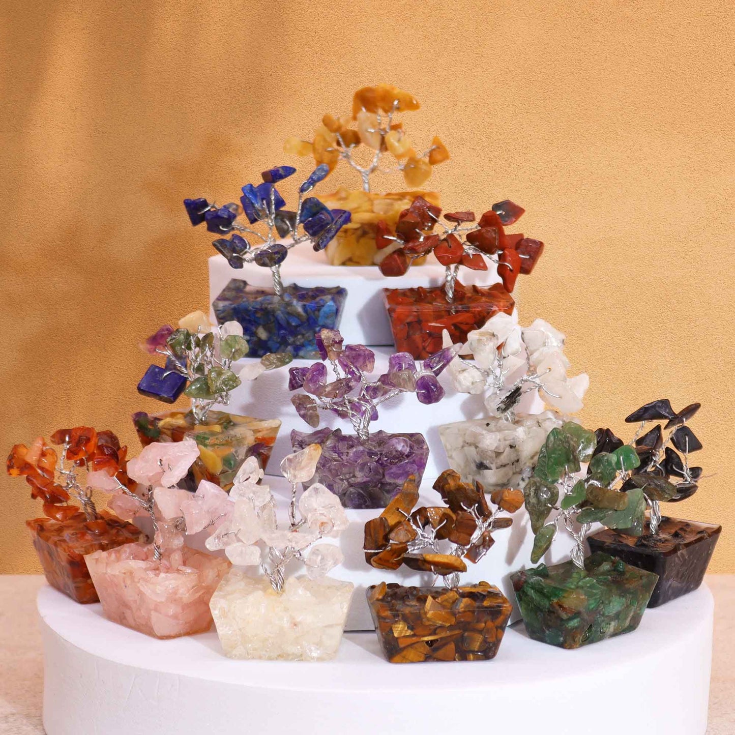 Assorted Mini Gemstone Trees – Orgonite Base Set of 12, mini gemstone chip trees on orgonite bases in assorted colors