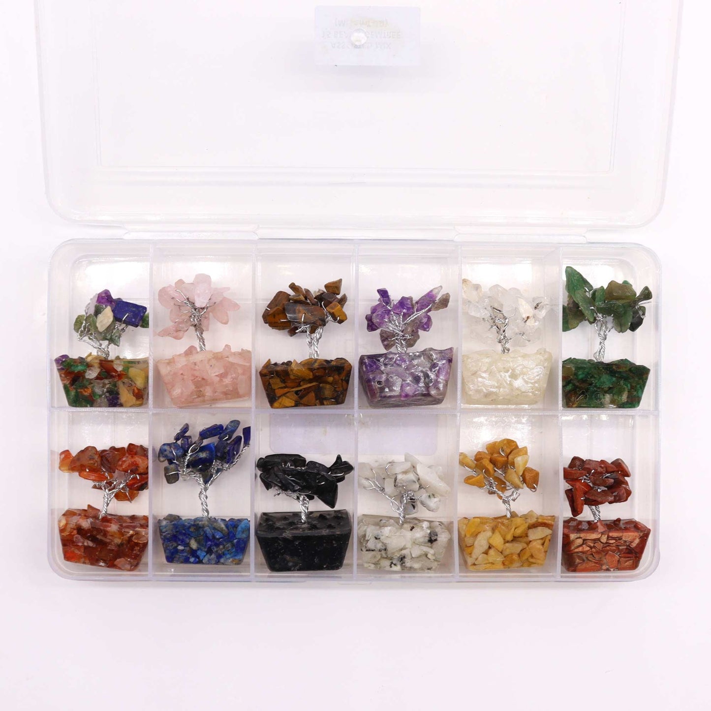 Alt Tag: Assorted Mini Gemstone Trees – Orgonite Base Set of 12 in clear organizer box, assorted gemstone chip trees in compartments