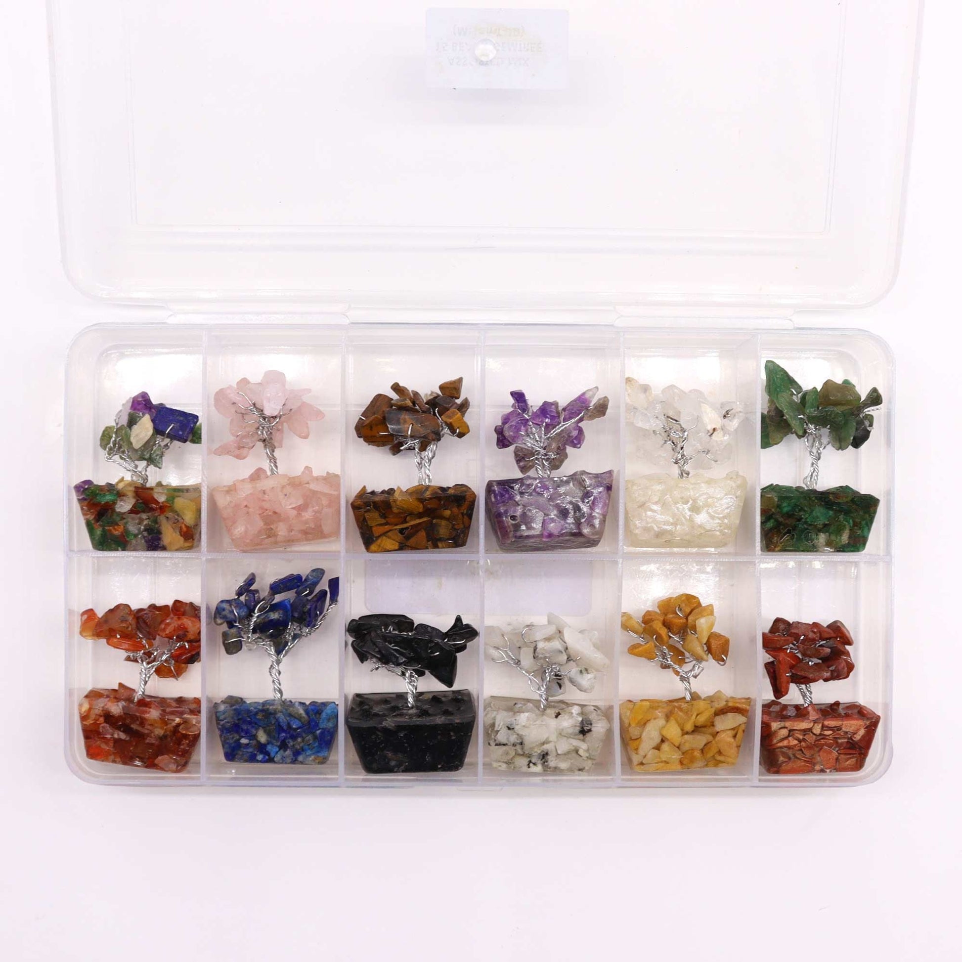 Alt Tag: Assorted Mini Gemstone Trees – Orgonite Base Set of 12 in clear organizer box, assorted gemstone chip trees in compartments