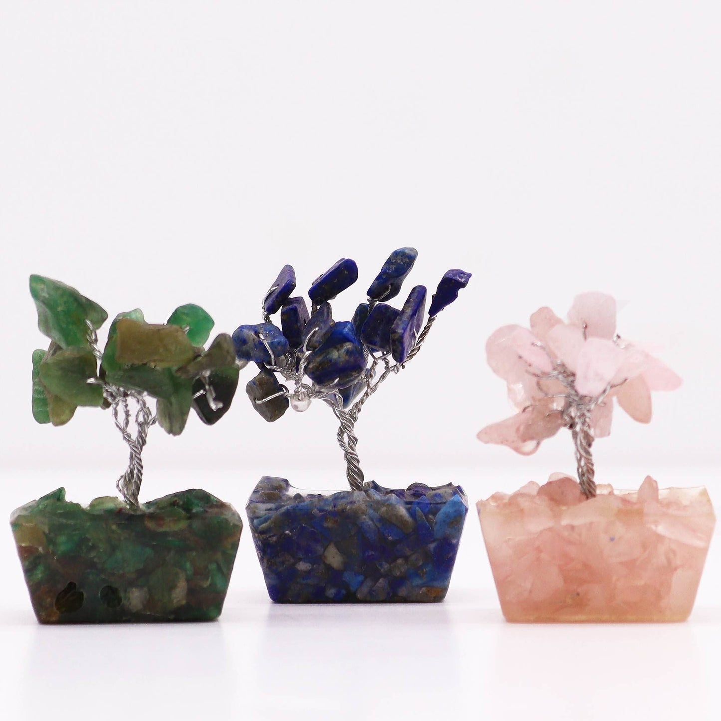 Assorted Mini Gemstone Trees – Orgonite Base Set of 12, three mini gemstone chip trees with orgonite bases in green, blue and pink