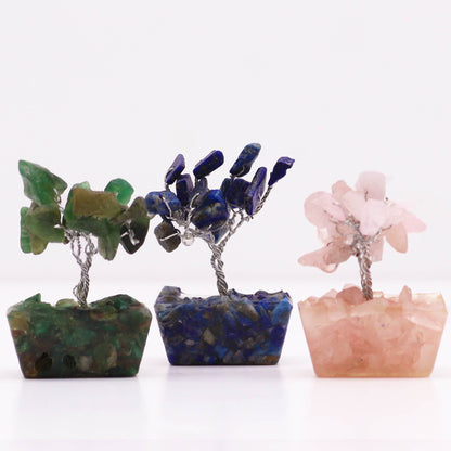 Assorted Mini Gemstone Trees – Orgonite Base Set of 12, mini gemstone tree trio with orgonite bases and mixed gemstone chips