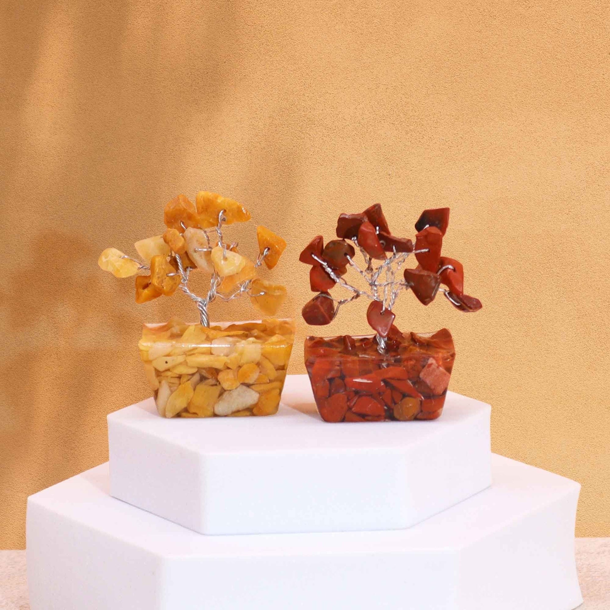 Alt Tag: Assorted Mini Gemstone Trees – Orgonite Base Set of 12, two mini gemstone chip trees with yellow and red stones on orgonite bases