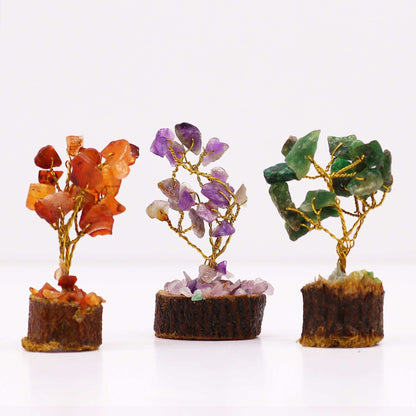 Alt Tag: Assorted Mini Gemstone Trees – Wood Base, 15 Stones set with three mini wire gemstone trees on wood bases, 15 stones