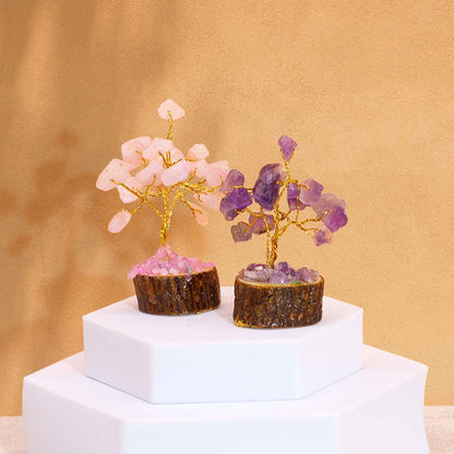 Assorted Mini Gemstone Trees – Wood Base, 15 Stones, two mini gemstone wire trees on wood bases with pink and purple stones