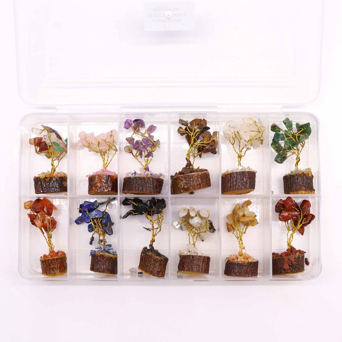 Assorted Mini Gemstone Trees – Wood Base, 15 Stones set in clear storage case, assorted colors with wire branches and chipstone leaves