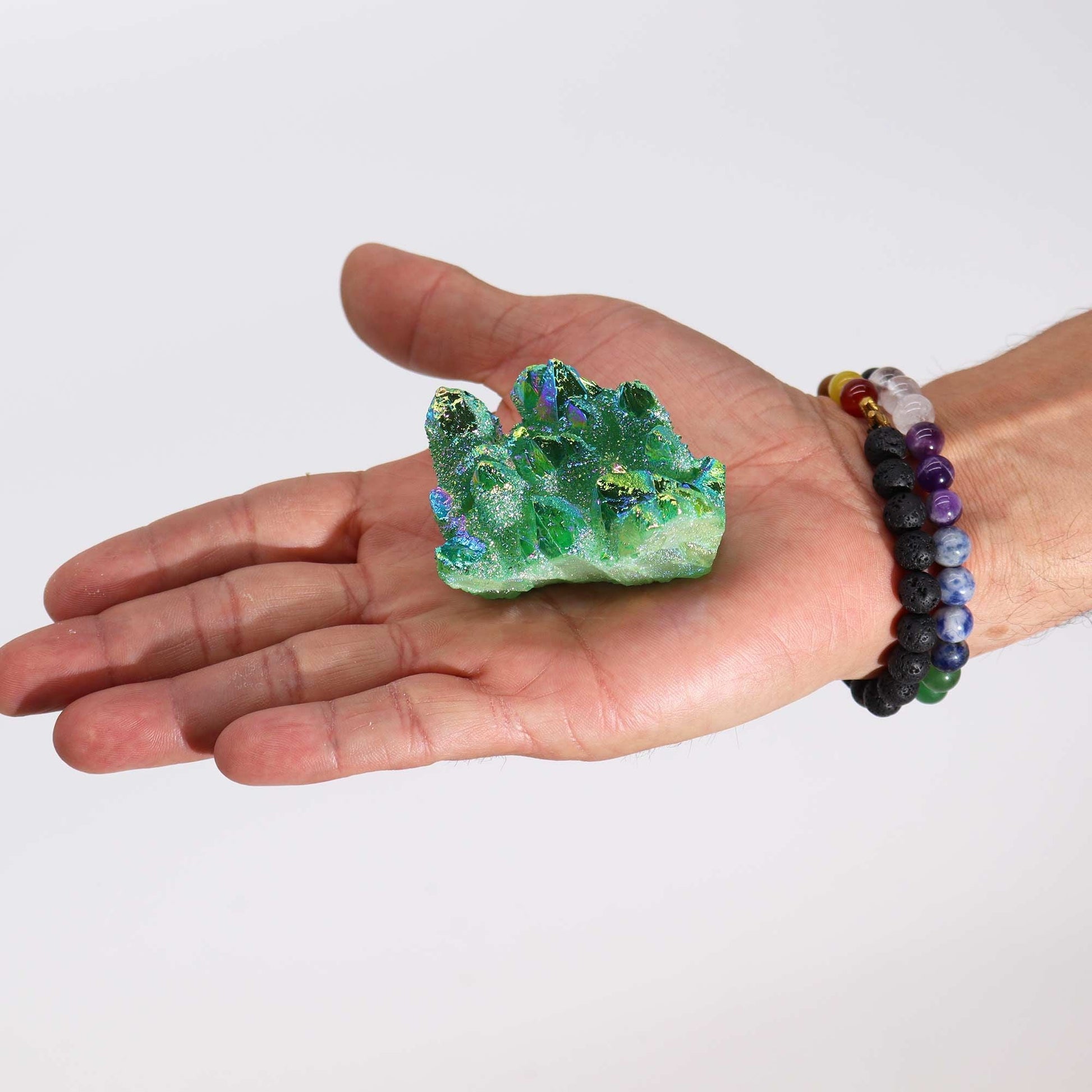 Alt Tag: Gemstone Aura Green Flame Quartz – 100-150G, 7-10CM crystal held in hand, green aura quartz gemstone with iridescent finish