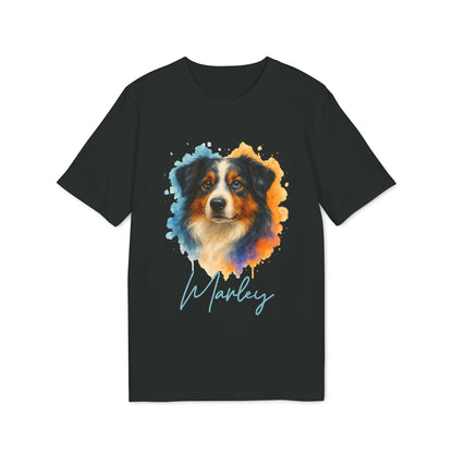 Alt Tag: Australian Shepherd Personalized Dog Premium Unisex T-Shirt with colorful Australian Shepherd portrait and name Marley on black tee