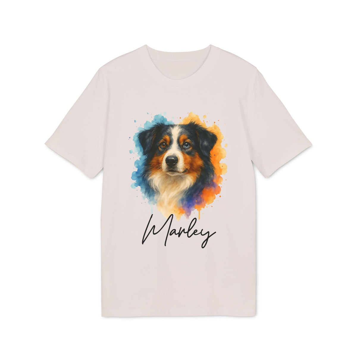 Alt Tag: Australian Shepherd Personalized Dog Premium Unisex T-Shirt con retrato de pastor australiano estilo acuarela y nombre personalizado 