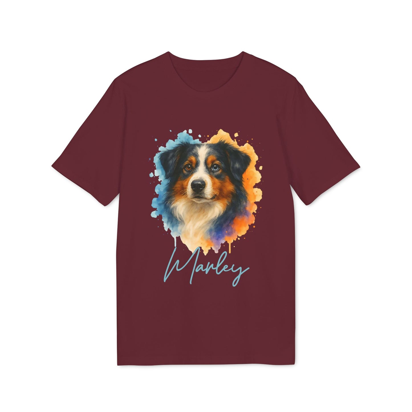 Alt Tag: Australian Shepherd Personalized Dog Premium Unisex T-Shirt granate con retrato artístico de pastor australiano y nombre personalizado "Marley"