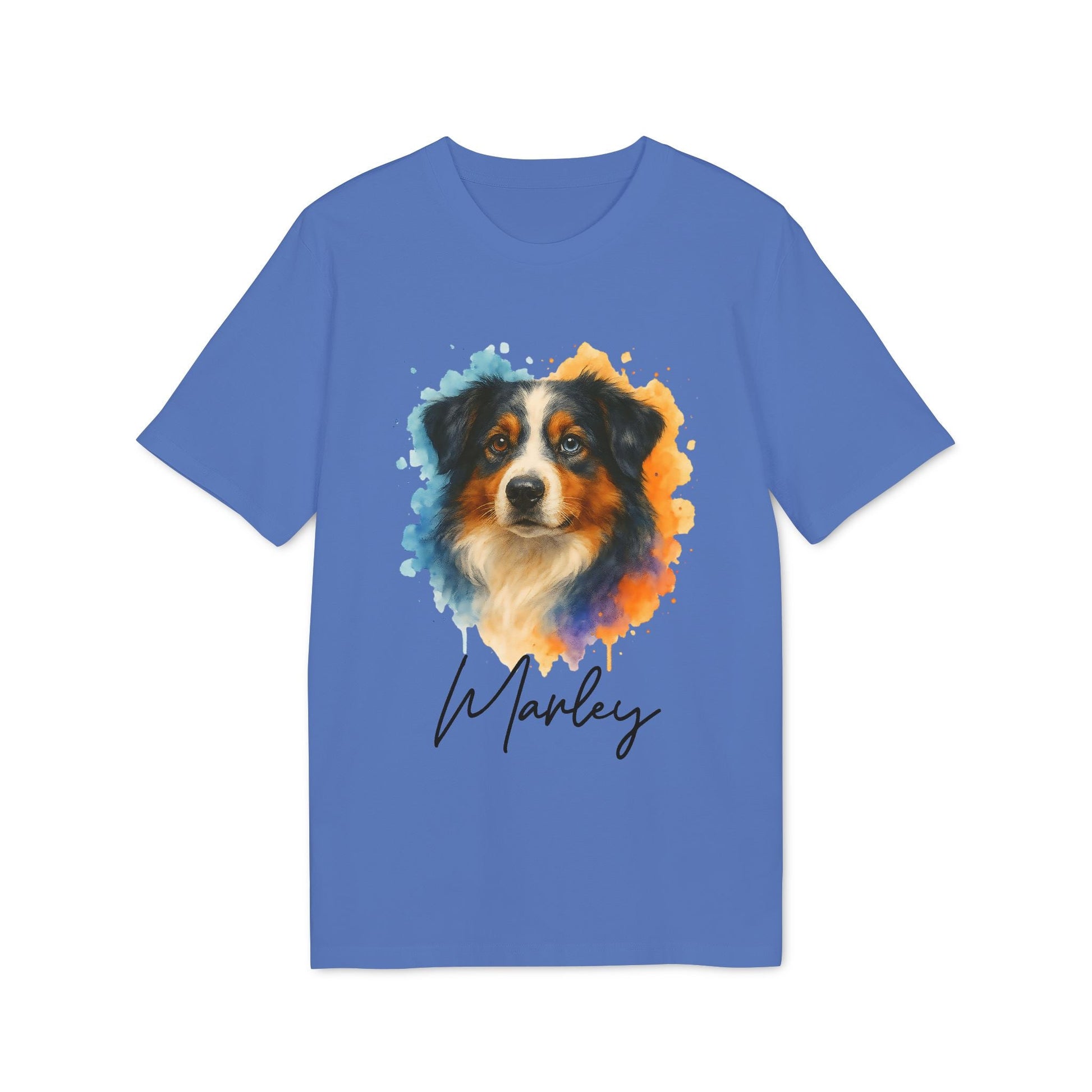 Australian Shepherd Personalized Dog Premium Unisex T-Shirt en azul con retrato de pastor australiano y nombre personalizado “Marley”