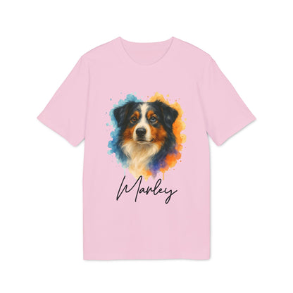 Alt Tag: Australian Shepherd Personalized Dog Premium Unisex T-Shirt in pink with colorful Aussie portrait and custom name Marley