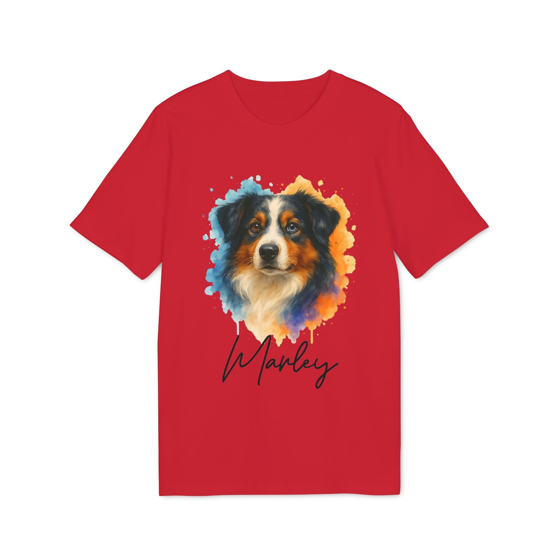 Alt Tag: Australian Shepherd Personalized Dog Premium Unisex T-Shirt red tee with watercolor Australian Shepherd portrait and personalized name Marley