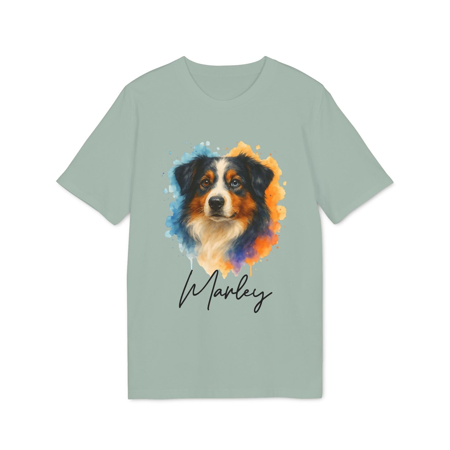 Alt Tag: Australian Shepherd Personalized Dog Premium Unisex T-Shirt con ilustración de pastor australiano en acuarela y nombre Marley, camiseta unisex