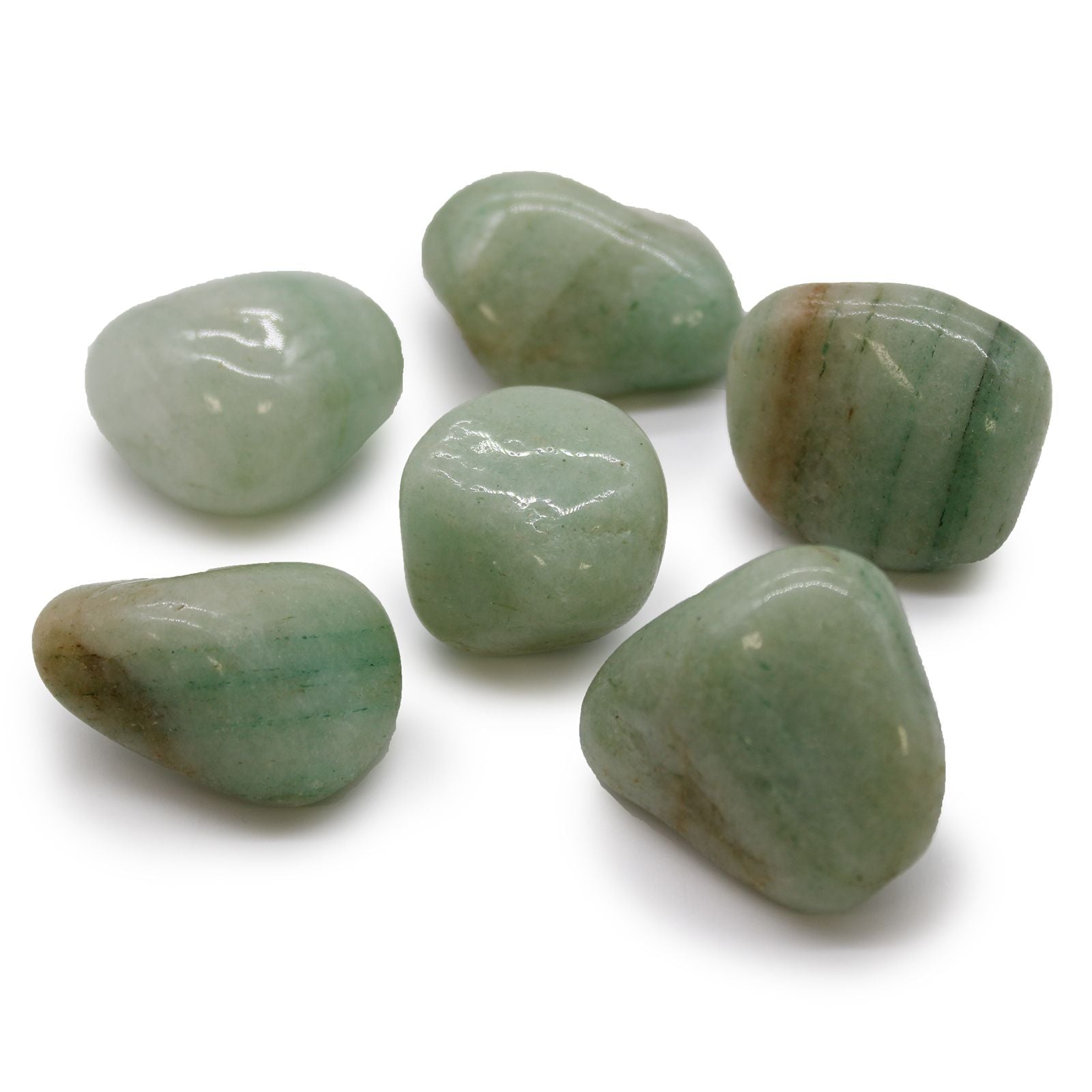Aventurine Gemstone Tumble Stones – Bag of 6, polished green aventurine tumbled stones set, close-up on white background