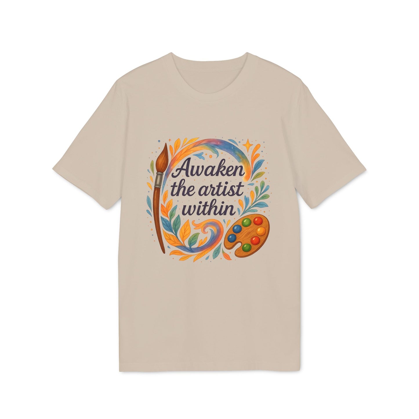 Alt Tag: Awaken The Artist Within Waldorf Sustainable Unisex Tee beige graphic t-shirt with colorful paintbrush and palette art design