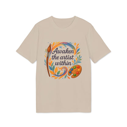 Alt Tag: Awaken The Artist Within Waldorf Sustainable Unisex Tee beige graphic t-shirt with colorful paintbrush and palette art design