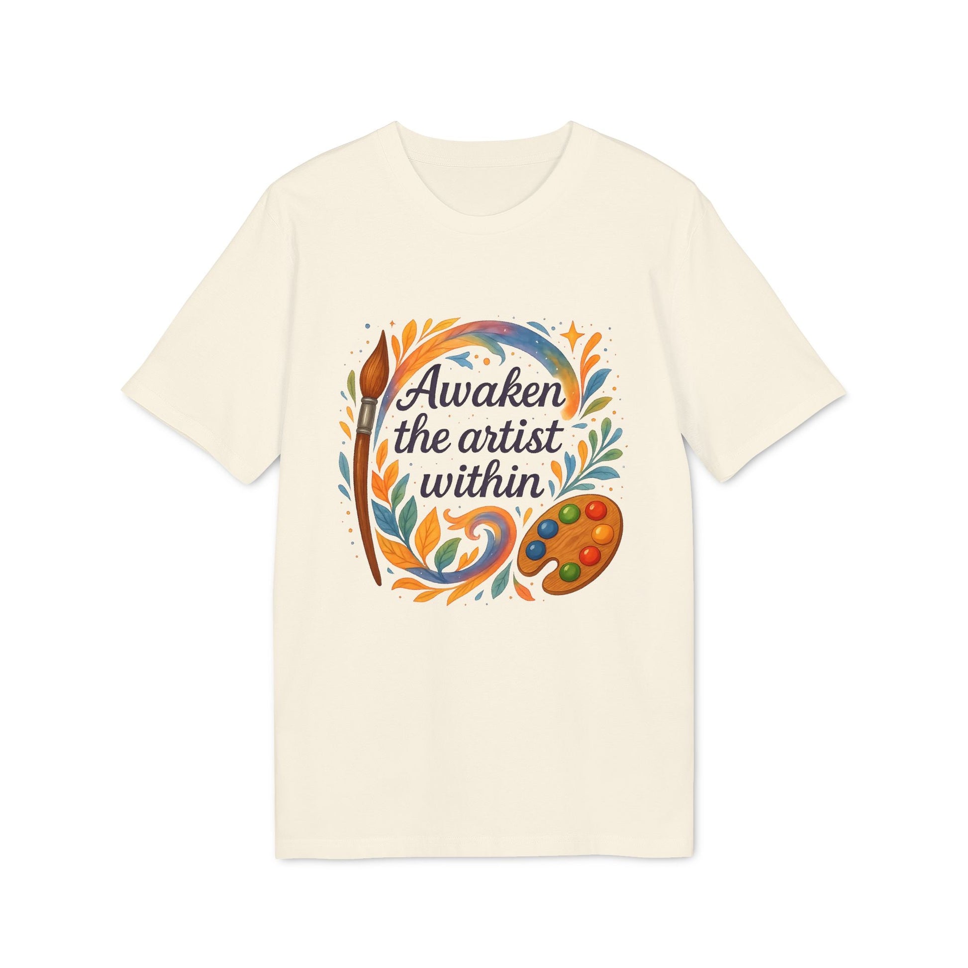 Alt Tag: Awaken The Artist Within Waldorf Sustainable Unisex Tee cream t-shirt with colorful “Awaken the artist within” graphic, paintbrush and palette
