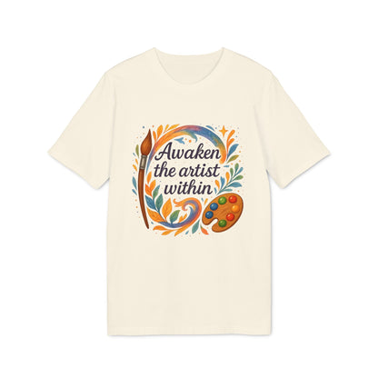 Alt Tag: Awaken The Artist Within Waldorf Sustainable Unisex Tee cream t-shirt with colorful “Awaken the artist within” graphic, paintbrush and palette