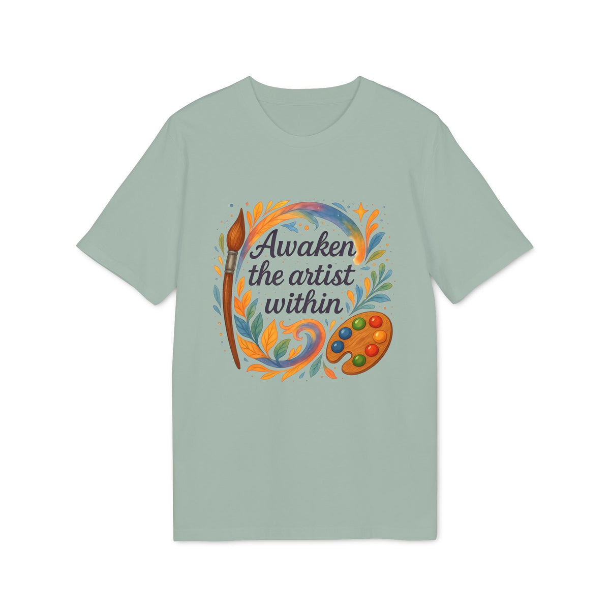 Alt Tag: Awaken The Artist Within Waldorf Sustainable Unisex Tee mint green graphic T-shirt with painter’s palette and “Awaken the artist within” text