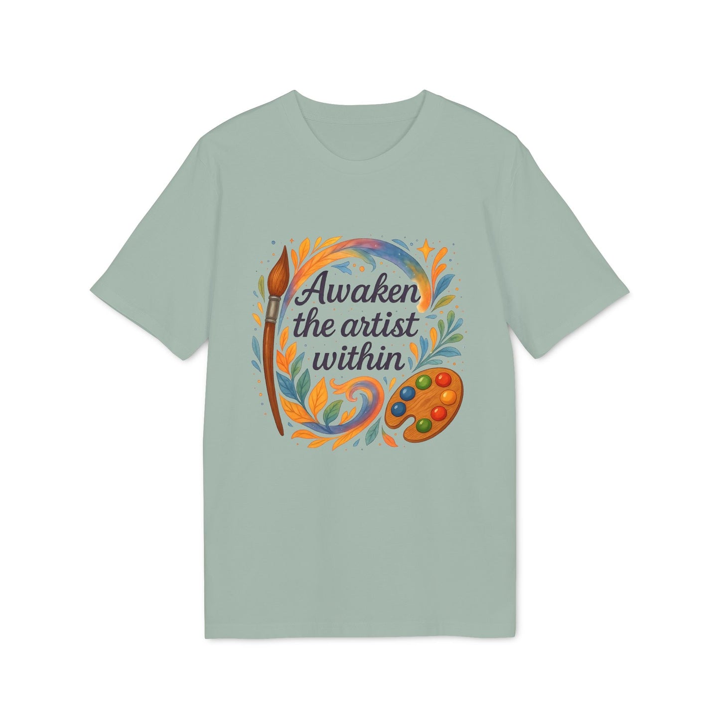 Alt Tag: Awaken The Artist Within Waldorf Sustainable Unisex Tee mint green graphic T-shirt with painter’s palette and “Awaken the artist within” text