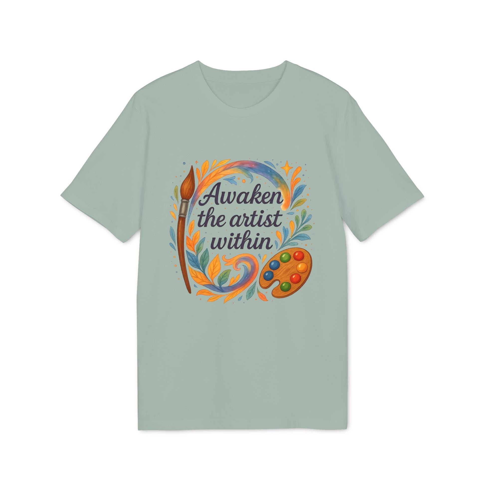 Alt Tag: Awaken The Artist Within Waldorf Sustainable Unisex Tee mint green graphic T-shirt with painter’s palette and “Awaken the artist within” text