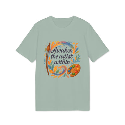 Alt Tag: Awaken The Artist Within Waldorf Sustainable Unisex Tee mint green graphic T-shirt with painter’s palette and “Awaken the artist within” text