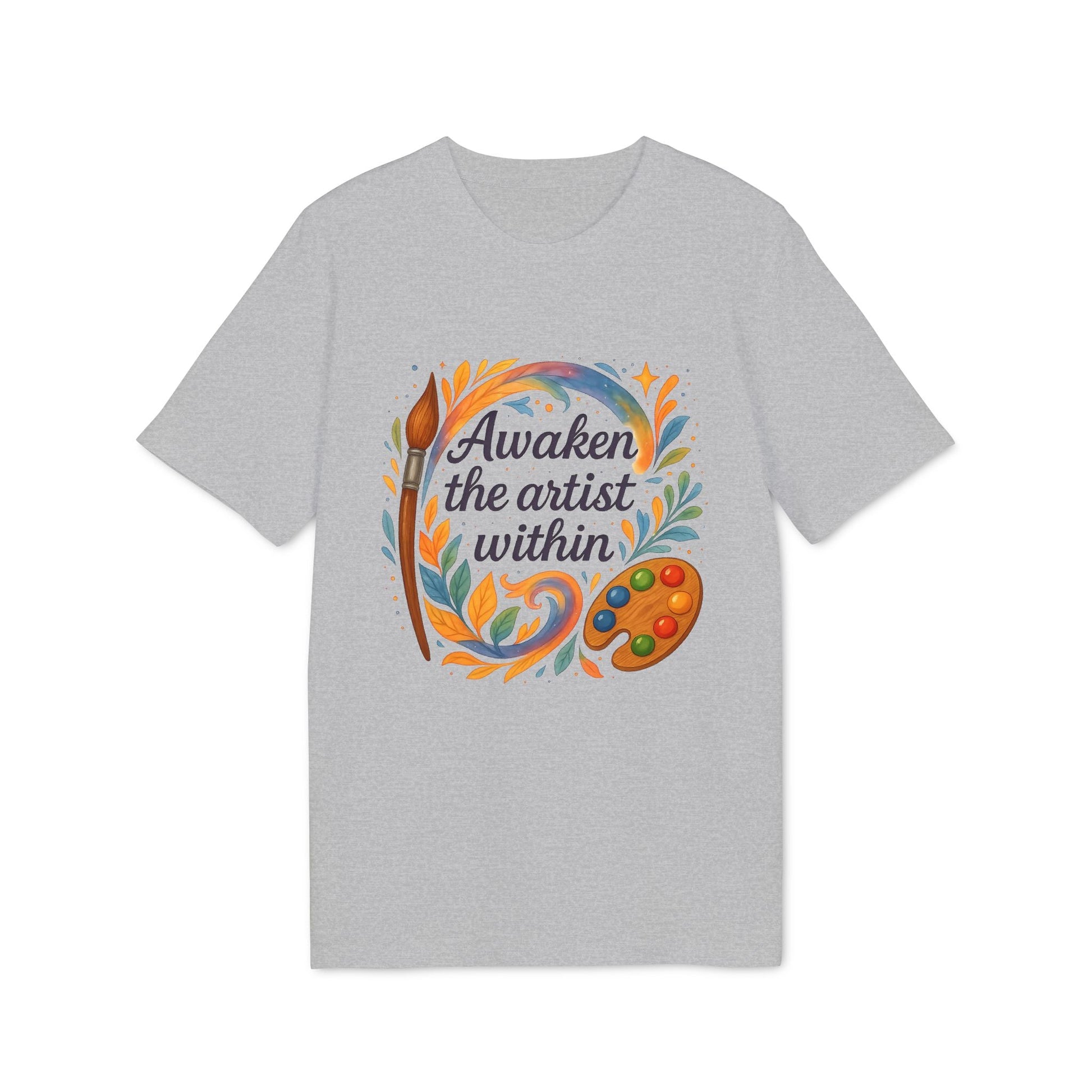Alt Tag: Awaken The Artist Within Waldorf Sustainable Unisex Tee gris con ilustración de paleta y pincel, texto “Awaken the artist within”