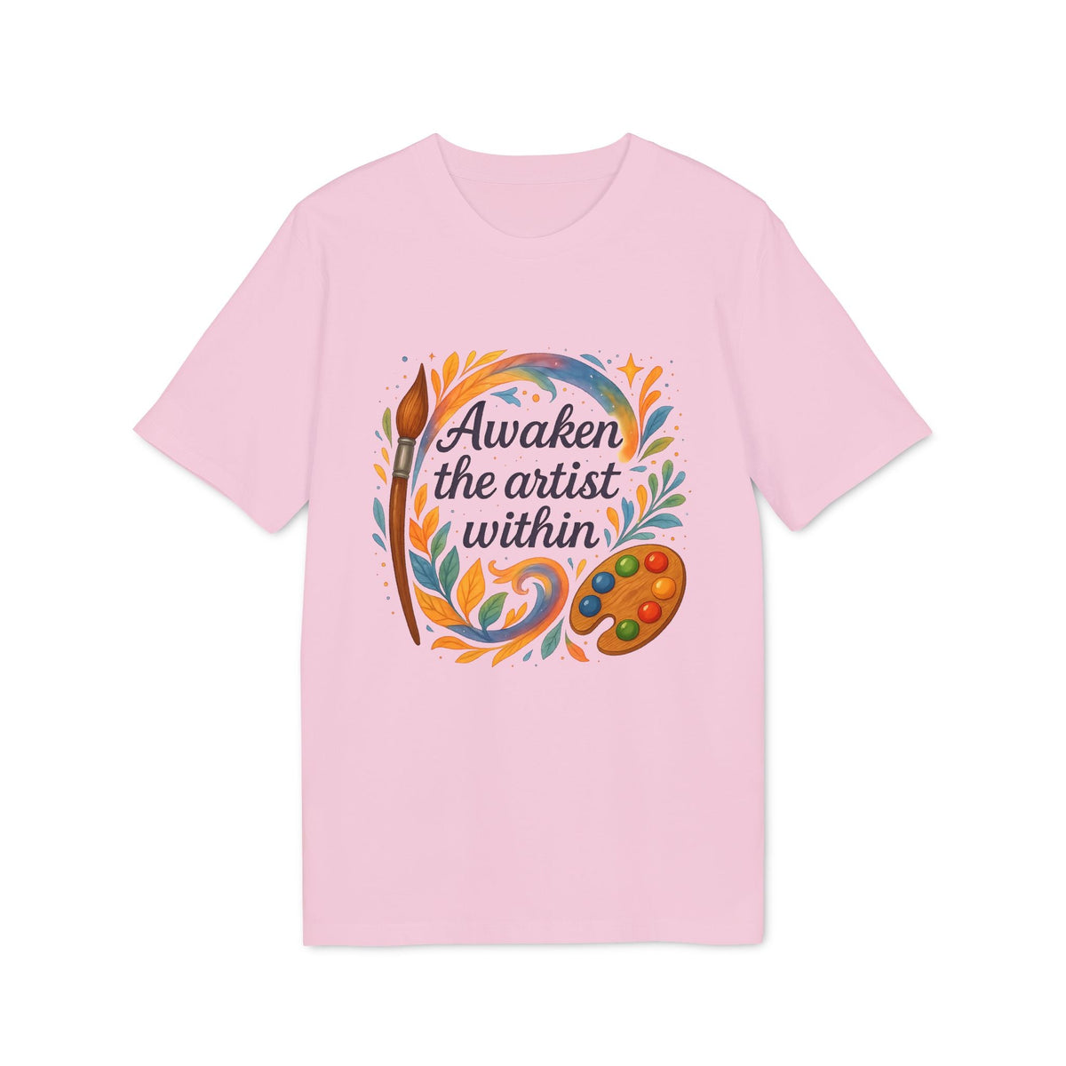 Alt Tag: Awaken The Artist Within Waldorf Sustainable Unisex Tee pink graphic t-shirt with “Awaken the artist within” design and paint palette