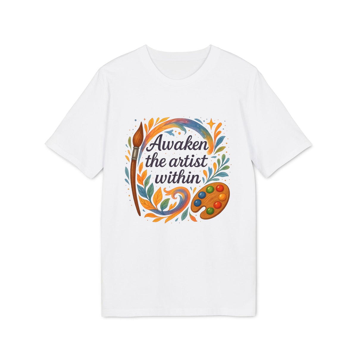Alt Tag: Awaken The Artist Within Waldorf Sustainable Unisex Tee white t-shirt with colorful paintbrush and palette graphic