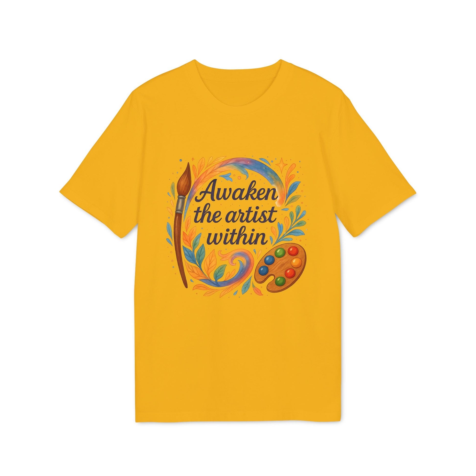 Awaken The Artist Within Waldorf Sustainable Unisex Tee amarilla con gráfico “Awaken the artist within”, pincel y paleta de pintura