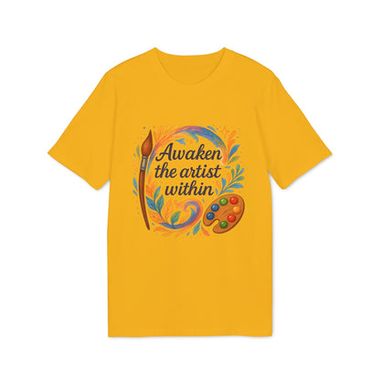 Awaken The Artist Within Waldorf Sustainable Unisex Tee amarilla con gráfico “Awaken the artist within”, pincel y paleta de pintura