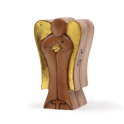 Hand-carved Suar wood Hati-Hati angel magic box, Joy design, 14cm figurine with hidden keepsake compartment