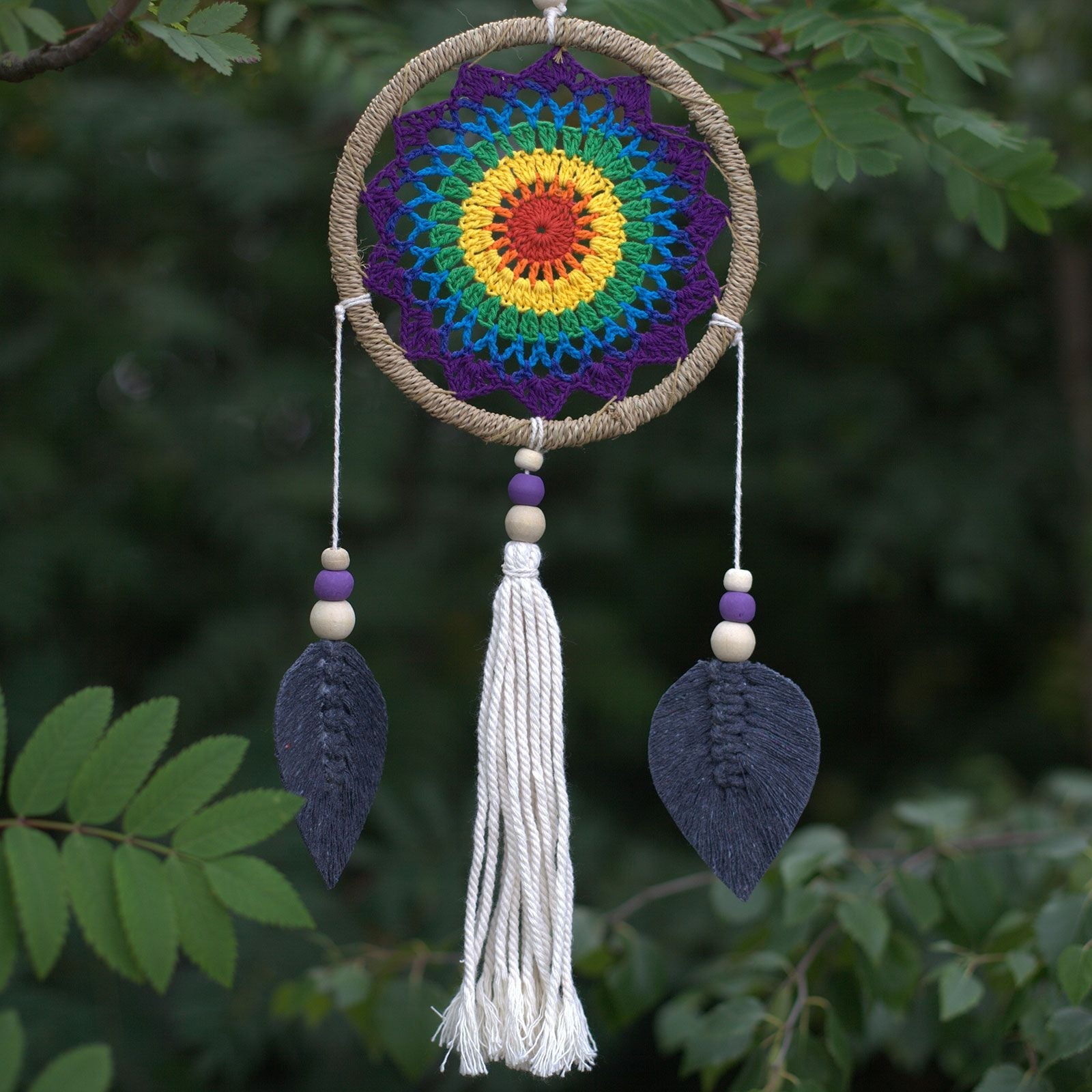 Medium rainbow seagrass dream catcher with cotton tassels and wooden beads, boho wall hanging decor 40x17 cm